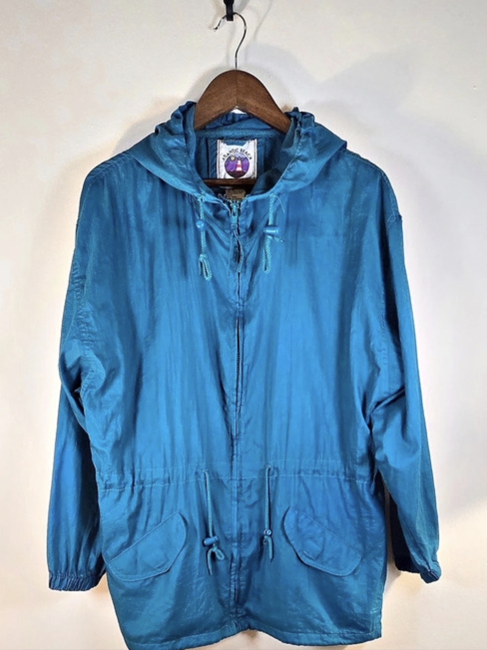 VINTAGE 80s Atlantic Beach Jade Teal Nylon Hooded Windbreaker Jacket Medium M
